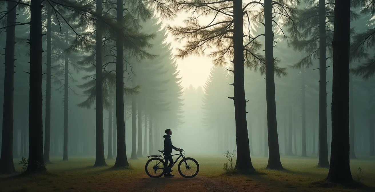 Radfahrer praktiziert Achtsamkeit während einer Pause im deutschen Wald