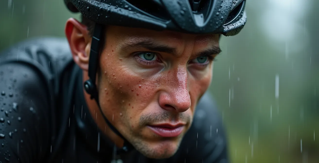 Bikepacker mit voller Ausrüstung bei Regen und Nebel in der Eifel