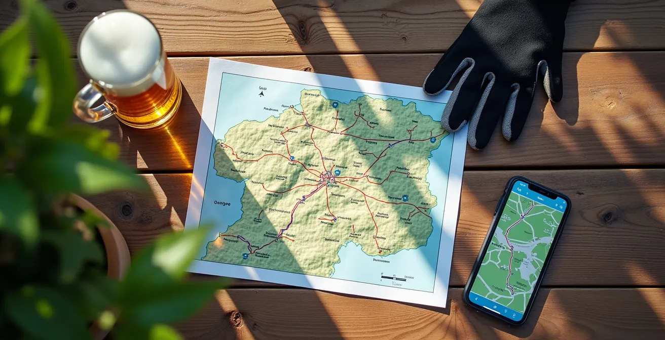 Holztisch mit Landkarte, Smartphone und traditionellem Bierkrug im Biergarten