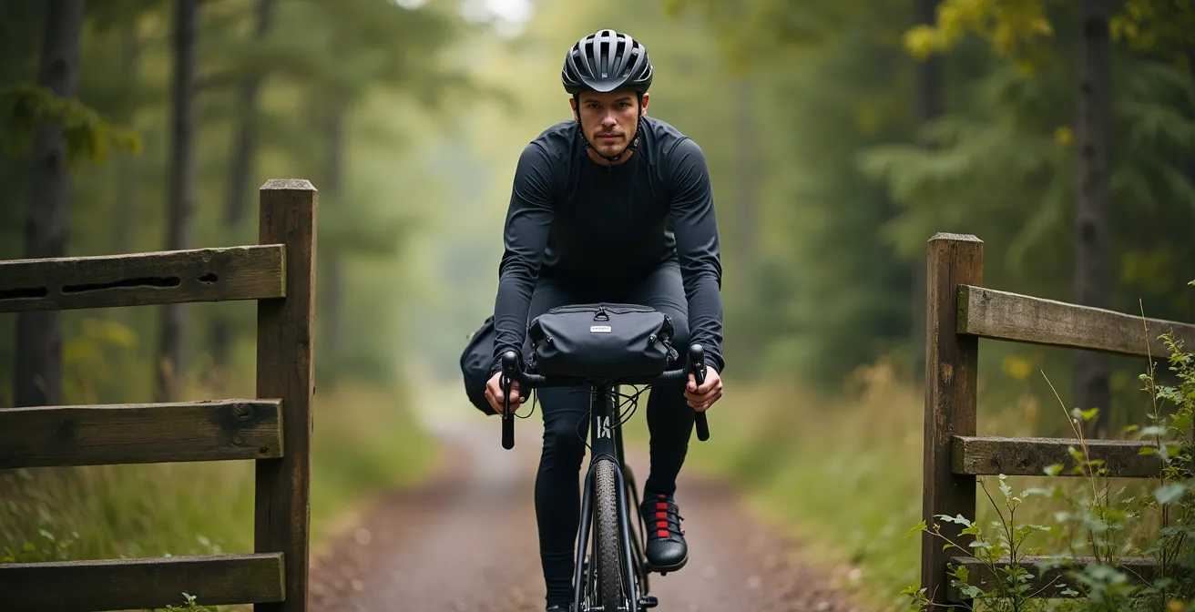 Ein Gravelbike mit schlanken Bikepacking-Taschen navigiert geschickt durch ein enges Drängelgitter auf einem deutschen Waldweg.
