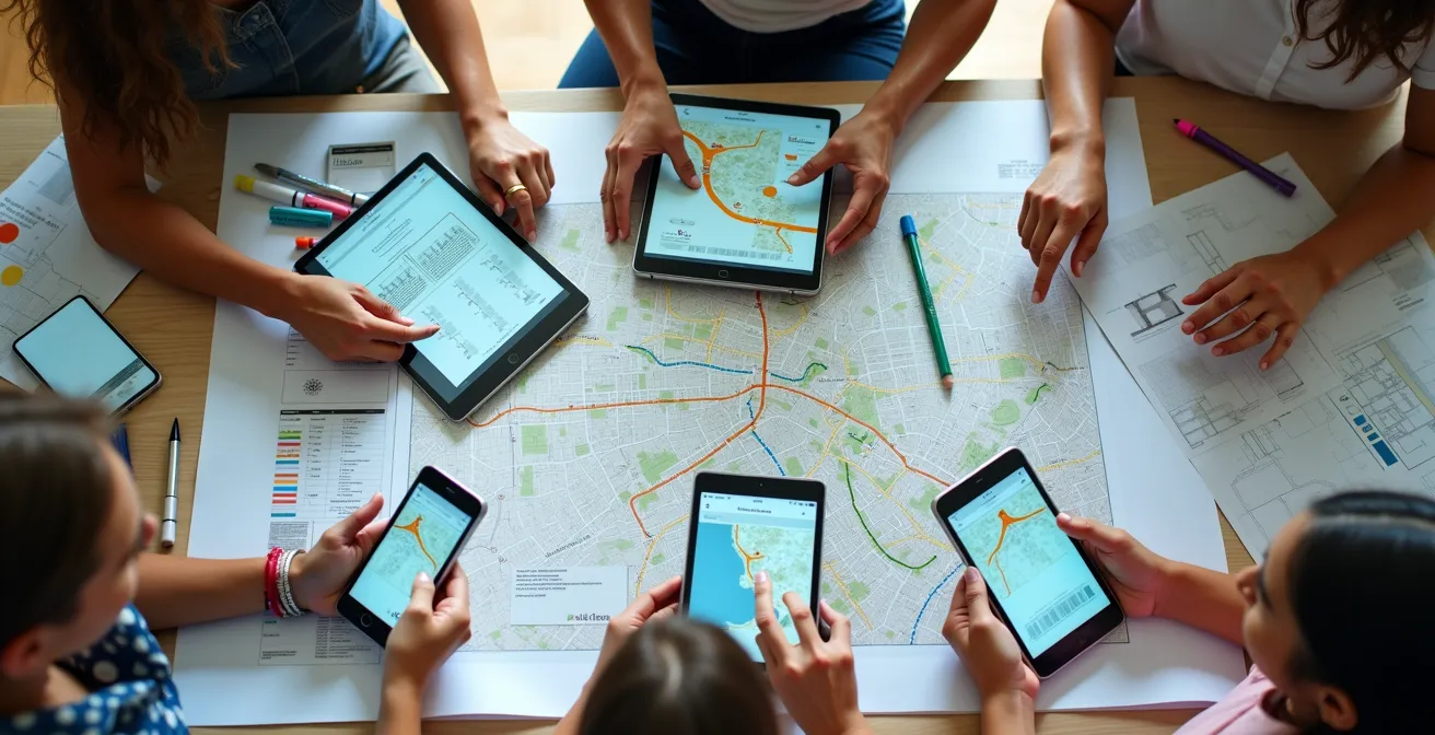 Bürger bei der gemeinsamen Planung von Radwegen mit digitalen Tools und Karten