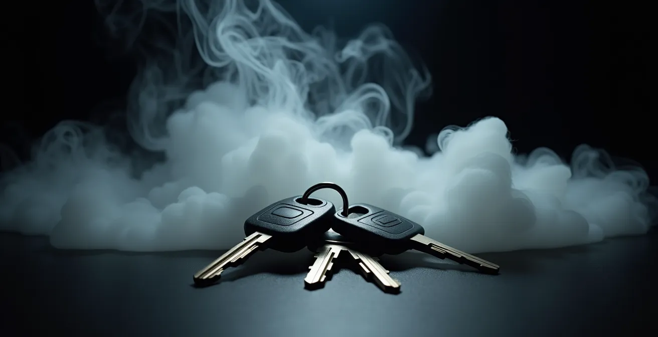 Visualisierung der CO2-Emissionen verschiedener Fahrzeugtypen, symbolisiert durch Autoschlüssel in aufsteigendem Rauch.