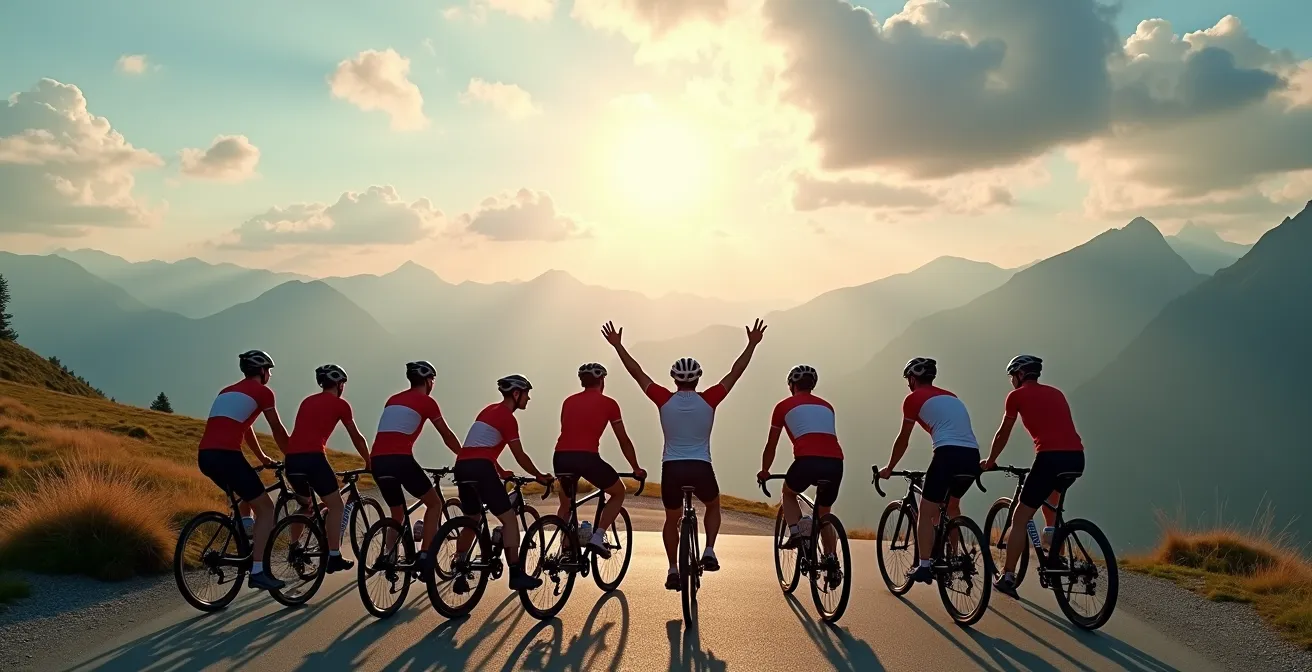 Radfahrer-Team mit Custom-Trikots bei emotionalem Zielerlebnis