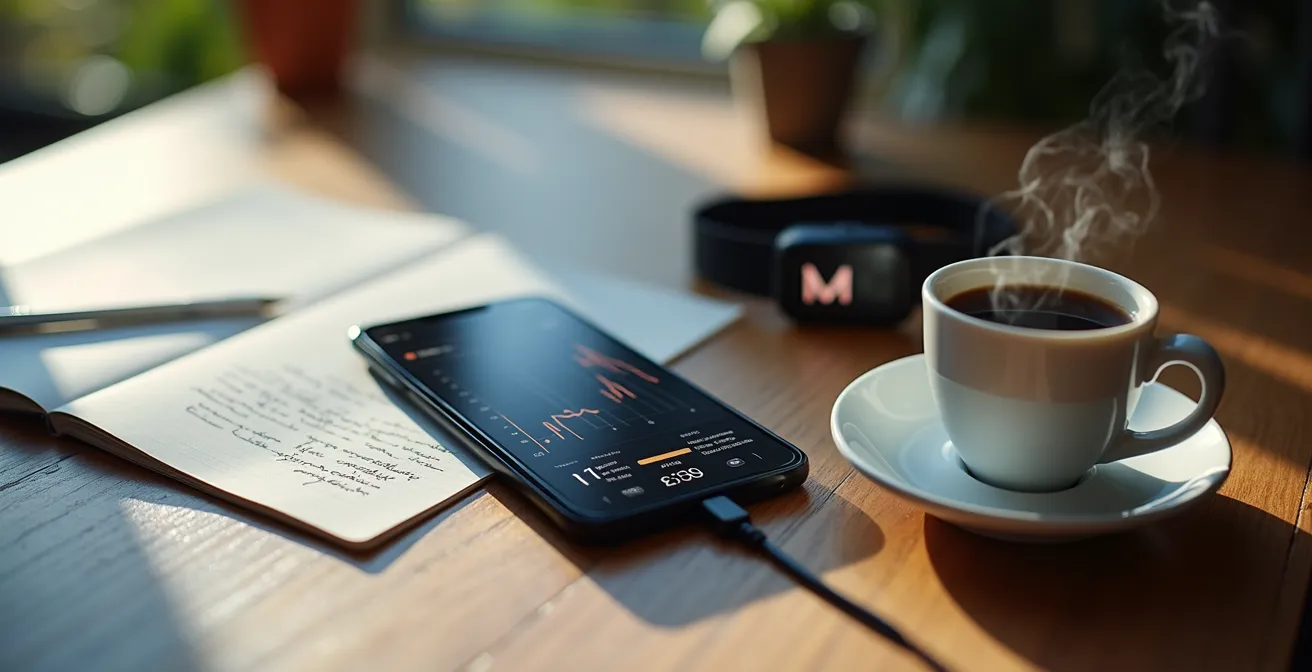 Detailaufnahme von Tracking-Daten und Analysegeräten auf Schreibtisch