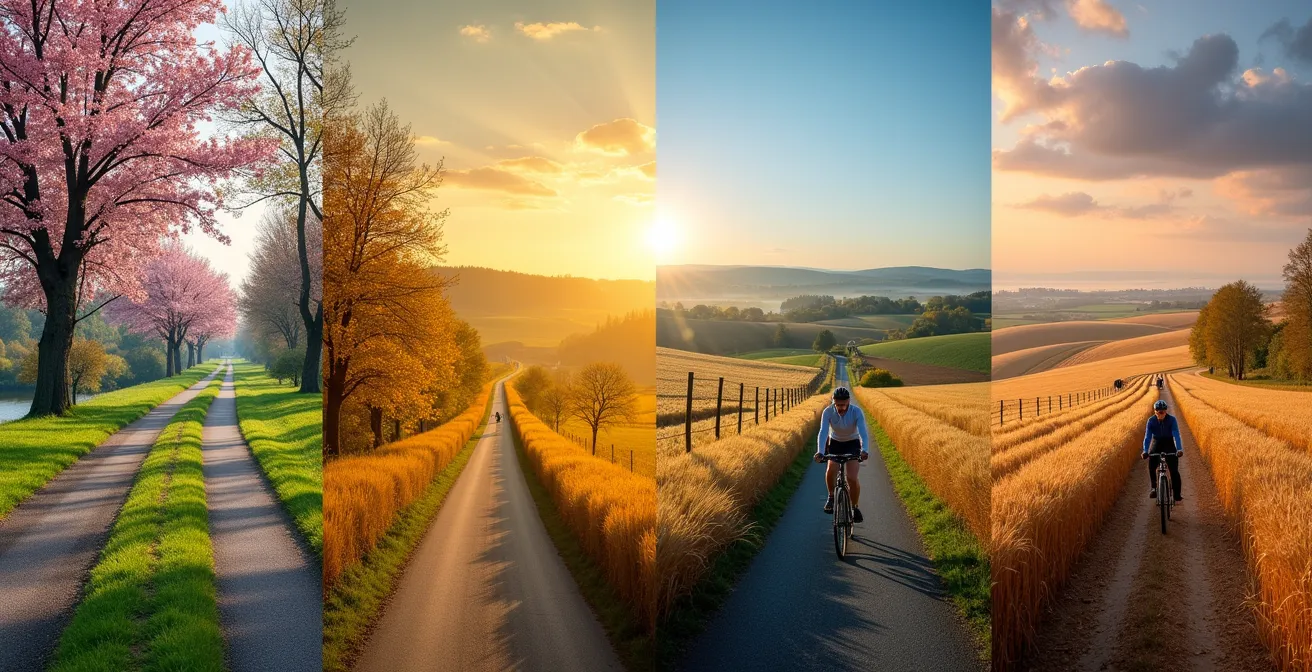 Vier-Jahreszeiten-Collage deutscher Radlandschaften vom Rhein bis zur Ostsee