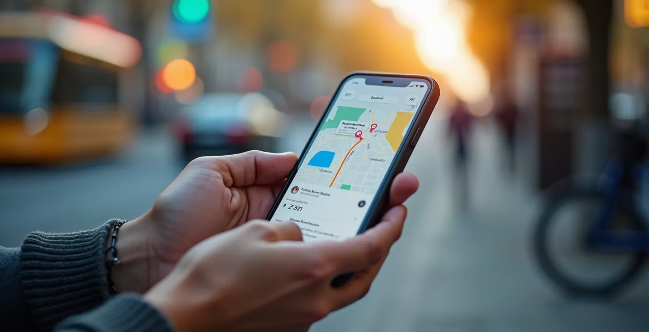 Nahaufnahme verschiedener Mobilitäts-Apps und Verkehrsmittel-Optionen in deutscher Stadt