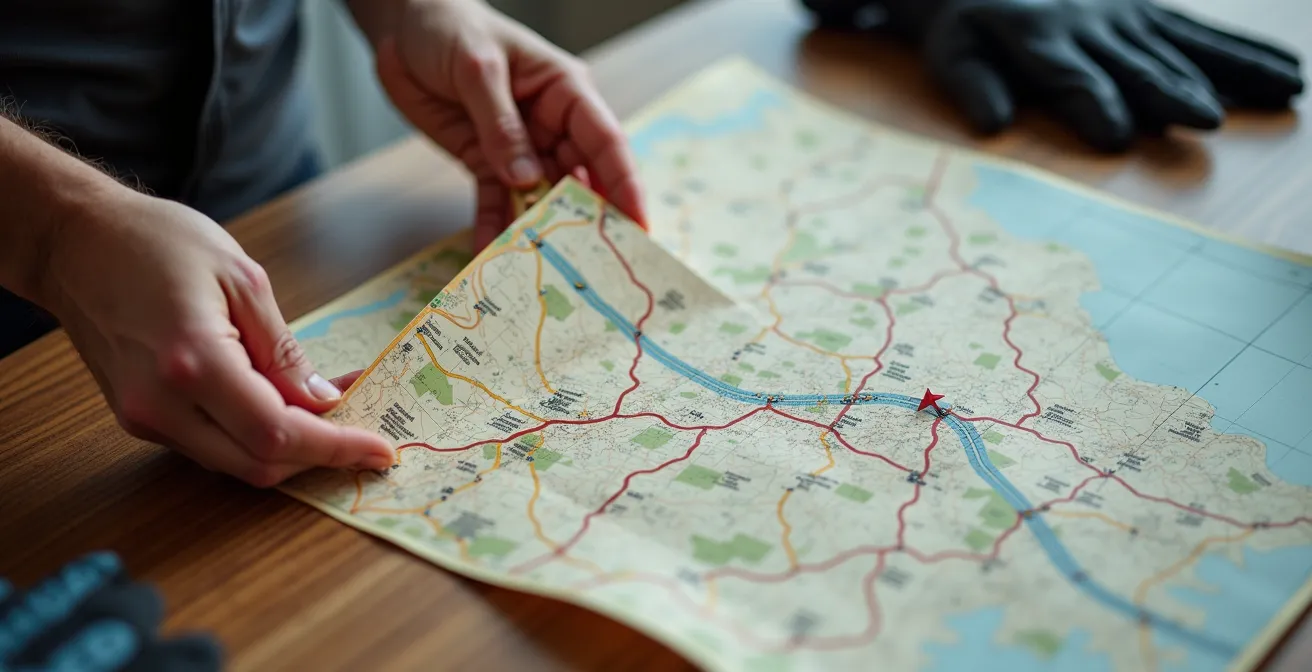 Radfahrer plant kulinarische Route mit digitalem Kartenmaterial und markiert Food-Stopps auf seinem Tablet