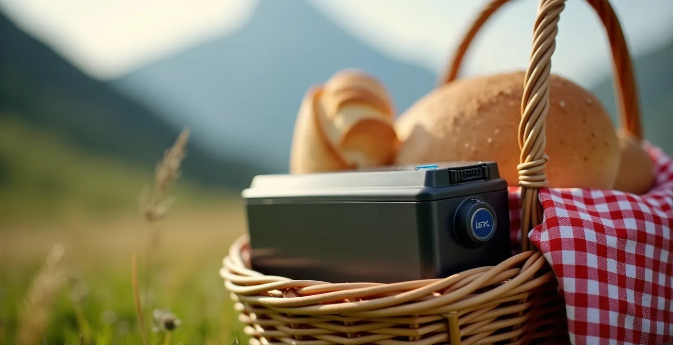 E-Bike mit voller Picknick-Ausrüstung vor Bergpanorama