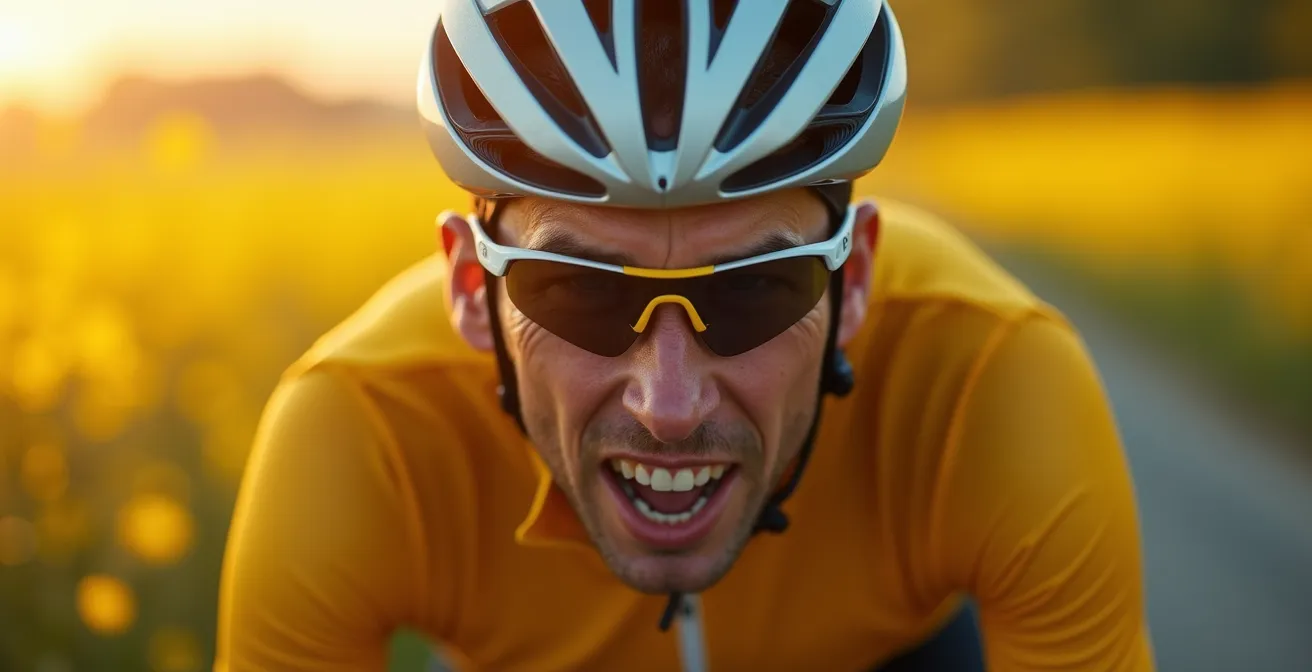 Radfahrer trainiert intensiv bei Frühlingssonnenuntergang