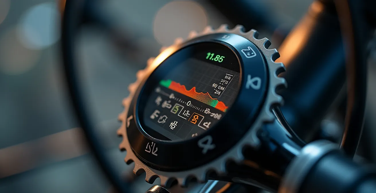 Makroaufnahme eines Leistungsmessers am Fahrrad mit unscharfem Hintergrund