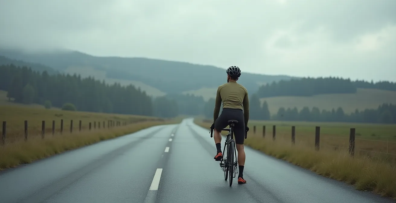 Radsportler in nachdenklicher Pose neben seinem Fahrrad in weiter Landschaft