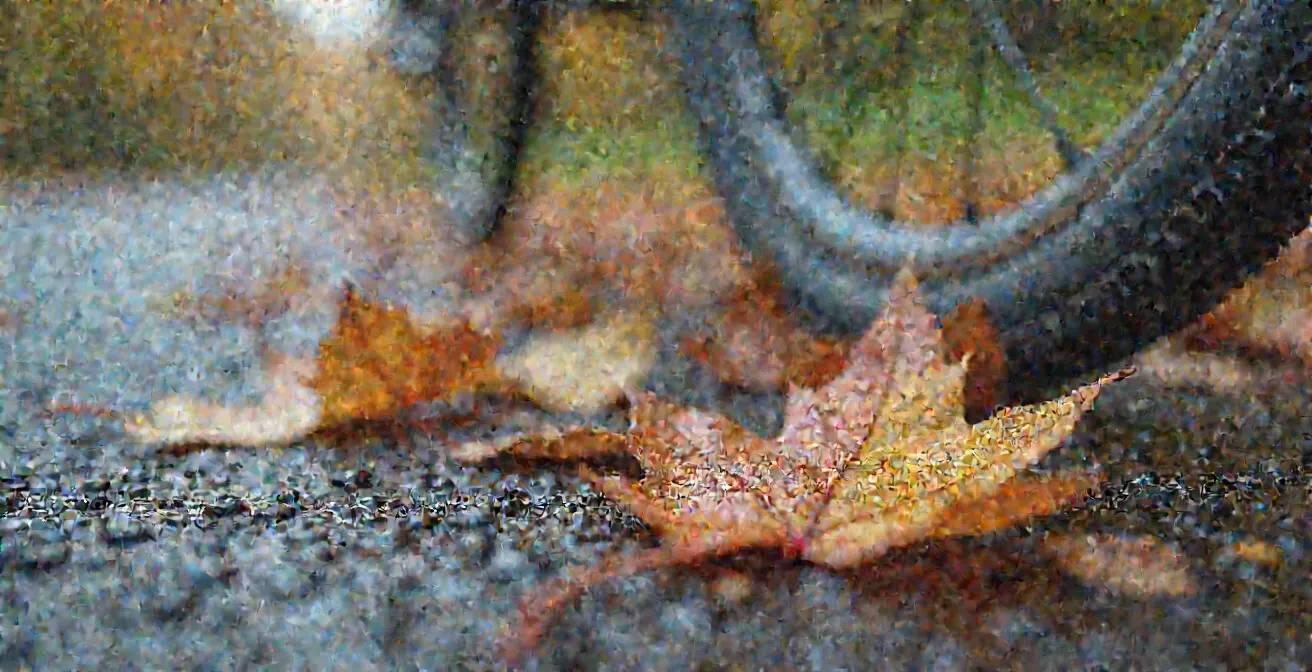 Detailaufnahme von nassem Laub und Rollsplitt auf Radweg im Herbst