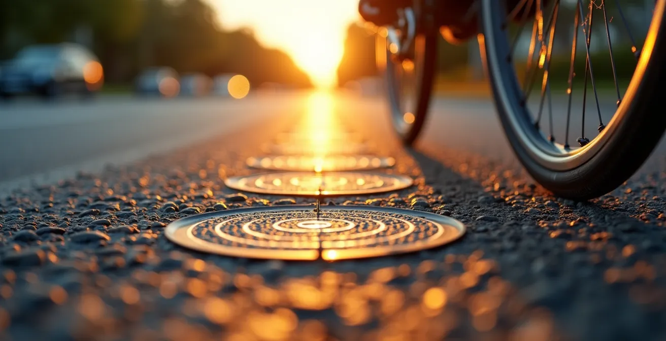 Detailaufnahme von Induktionsschleifen, die in den Asphalt eines deutschen Radwegs eingelassen sind, um Fahrräder an einer intelligenten Ampel zu erkennen.