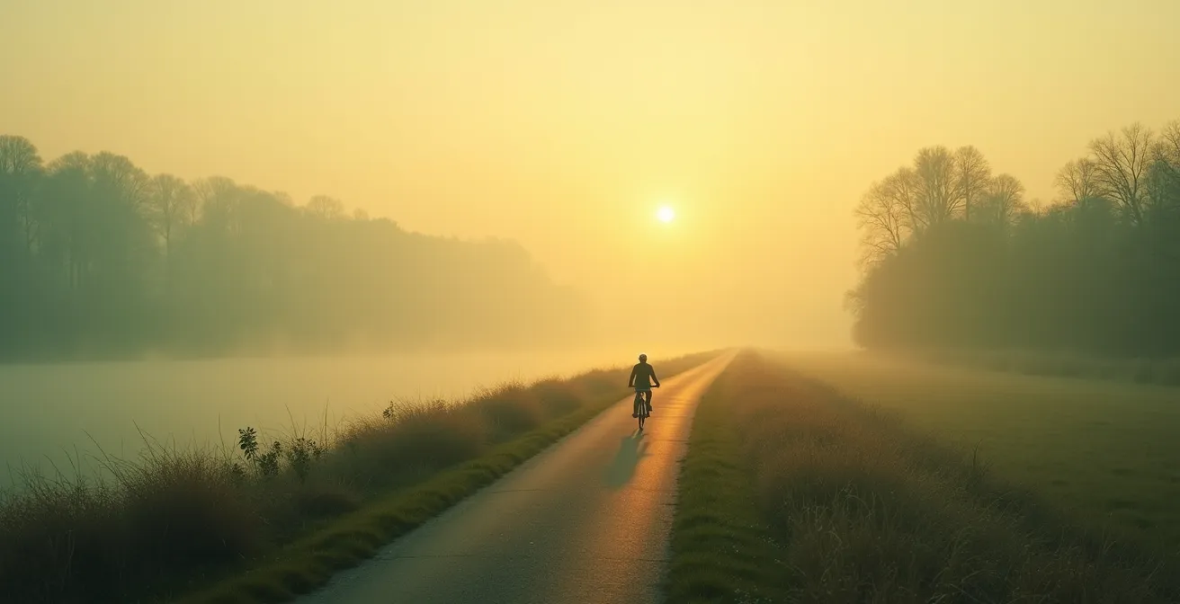 Weite Flusslandschaft mit Radweg und einzelnem Radfahrer in der Ferne, Symbol für eine langsame Achtsamkeitsfahrt