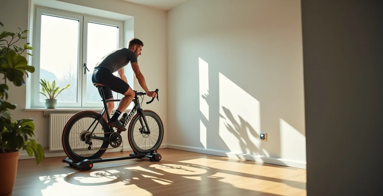 Radfahrer führt strukturierten FTP-Test auf Smart-Trainer durch