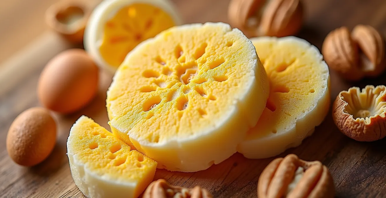 Makroaufnahme von proteinreichen Lebensmitteln wie Magerquark, Eiern und Nüssen, die reich an Leucin sind