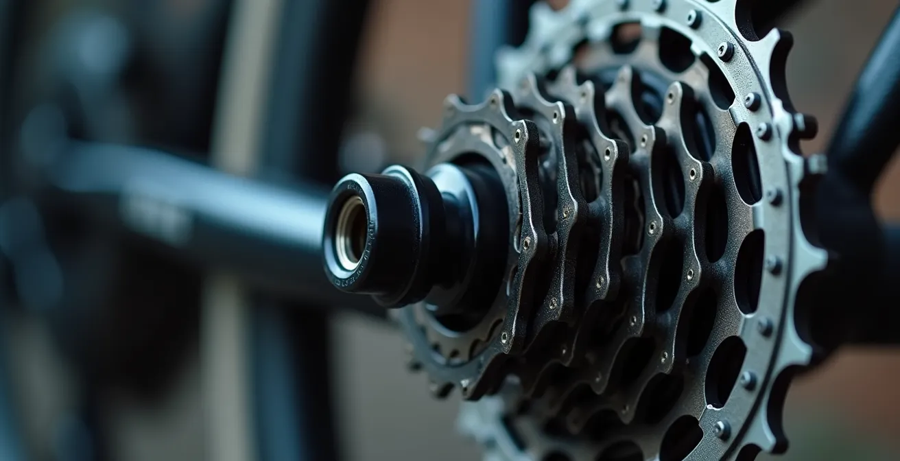 Makroaufnahme von Fahrradkette und Schaltwerk während intensivem Training