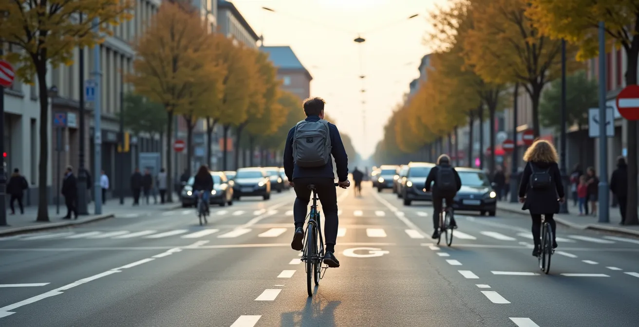 Ein selbstbewusster Radpendler navigiert sicher durch eine komplexe Kreuzung in einer deutschen Stadt, ohne auf sein Smartphone zu schauen.