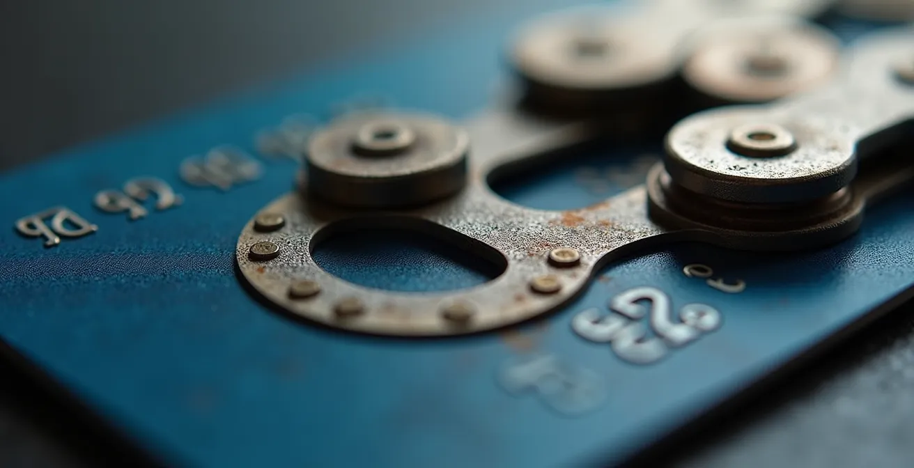 Abstrakte Nahaufnahme einer Fahrradkette und einer ÖPNV-Karte, die Konnektivität symbolisieren.