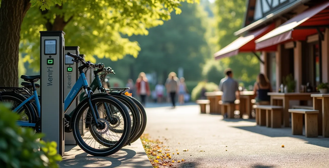 Pedelecs beim Laden an einer Ladestation im deutschen Biergarten