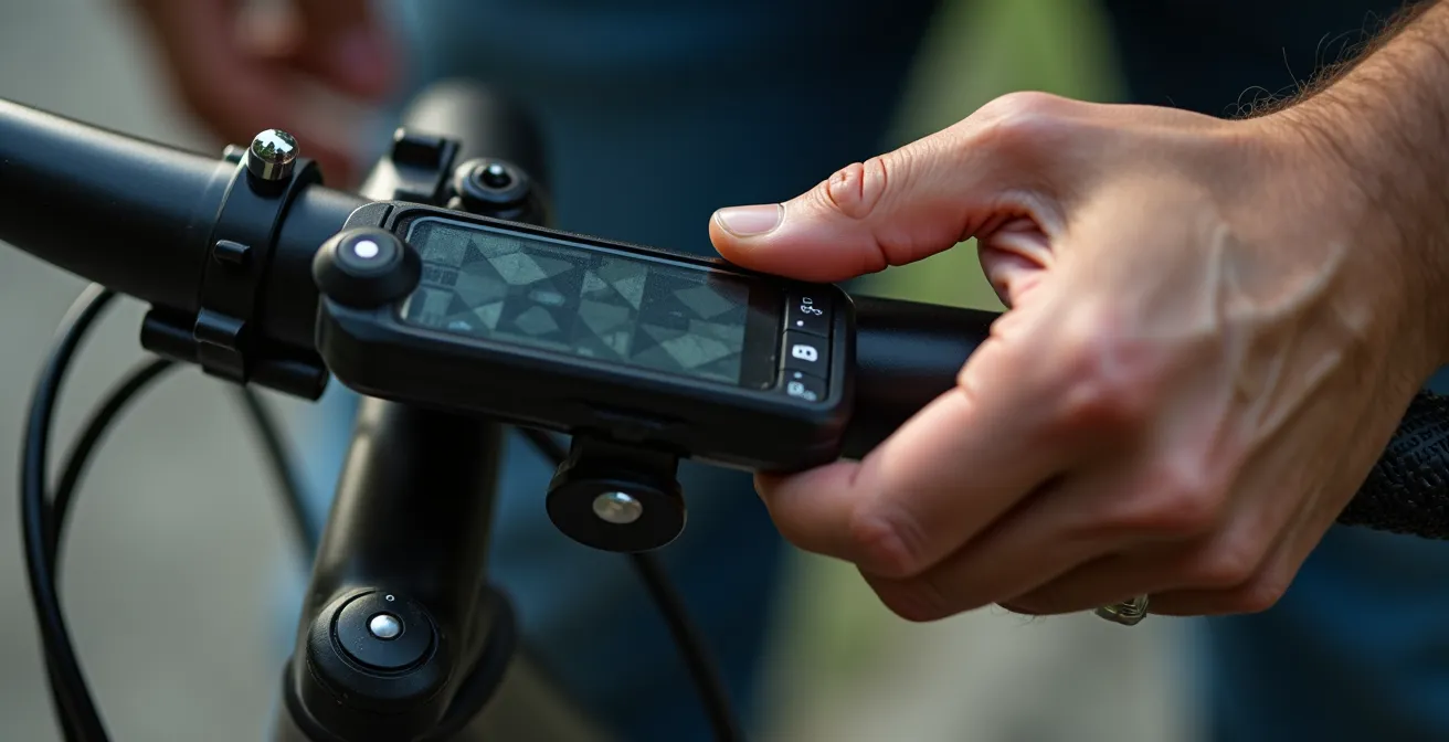 Nahaufnahme von Händen am Pedelec-Display beim Einstellen der Unterstützungsstufe