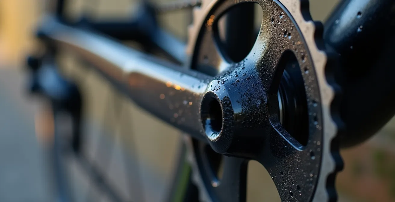 Detailaufnahme eines Powermeters am Rennrad mit Fokus auf die Messtechnik