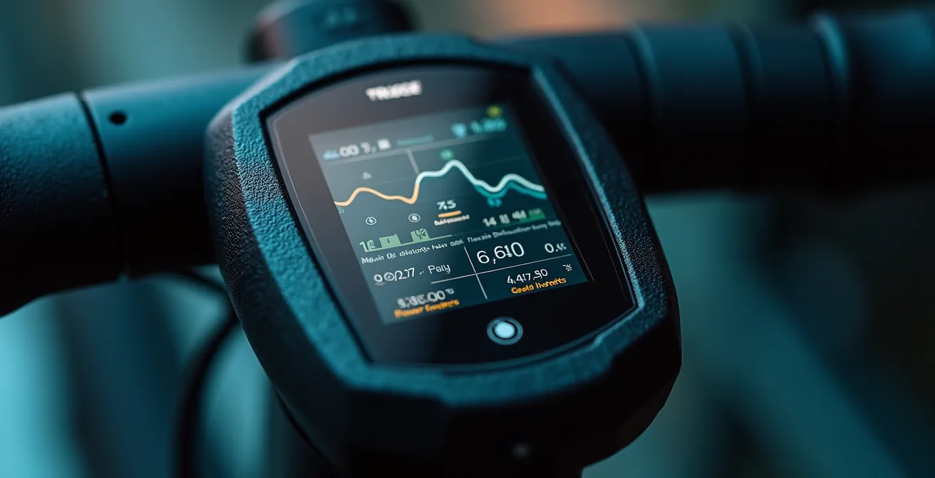 Makroaufnahme von Radcomputer zeigt Leistungsdaten und Wattwerte