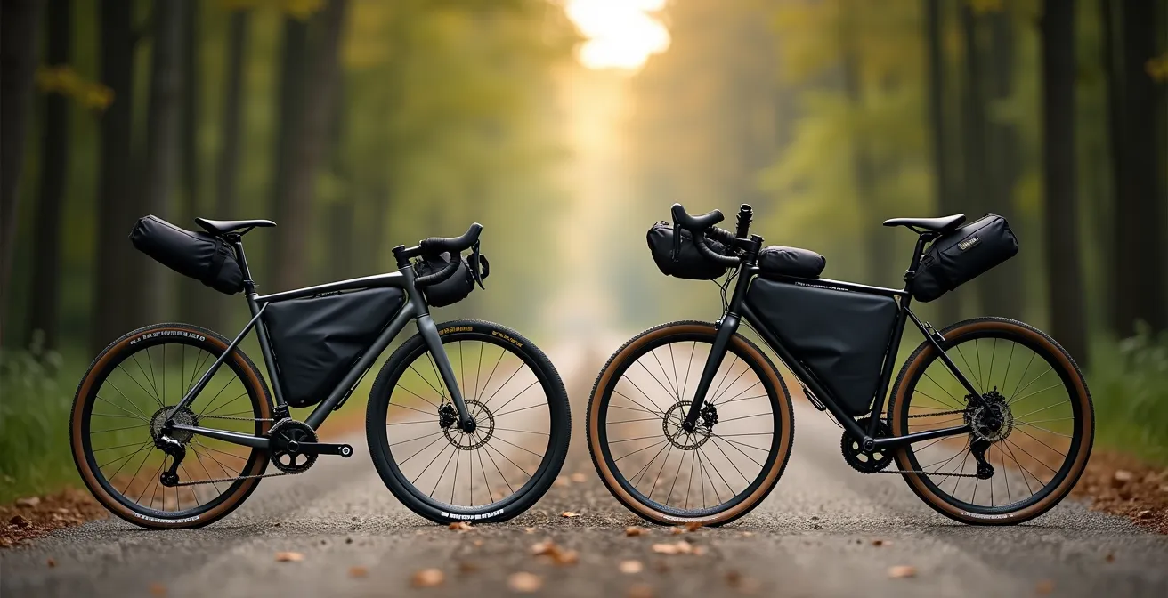 Zwei Gravelbikes nebeneinander auf einem Schotterweg in einem deutschen Wald, eines sportlich mit schmalen Reifen, das andere mit Bikepacking-Taschen für Abenteuer ausgestattet.