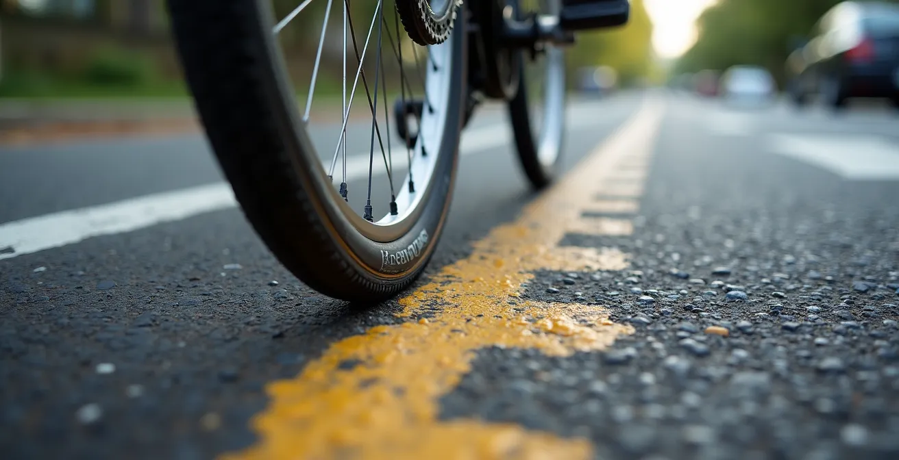 Detailaufnahme eines Fahrradreifens, der über eine sichtbare Induktionsschleife im Asphalt einer Straße fährt.