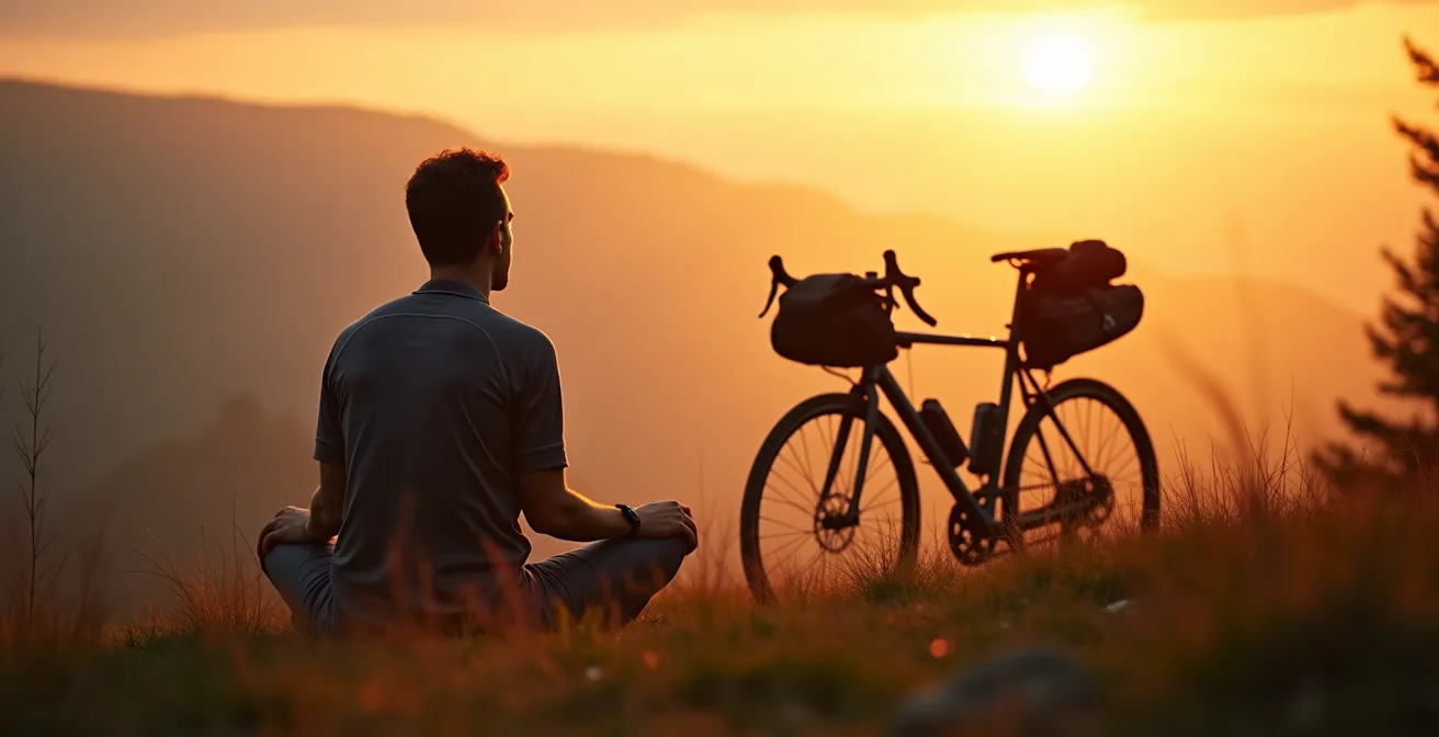 Radfahrer meditiert bei Sonnenaufgang neben seinem bepackten Fahrrad