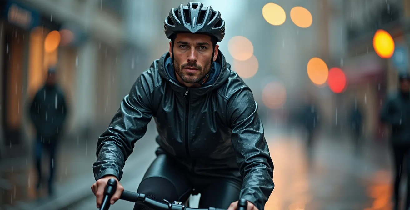 Radfahrer mit hochwertiger Regenkleidung fährt selbstbewusst durch deutschen Stadtregen