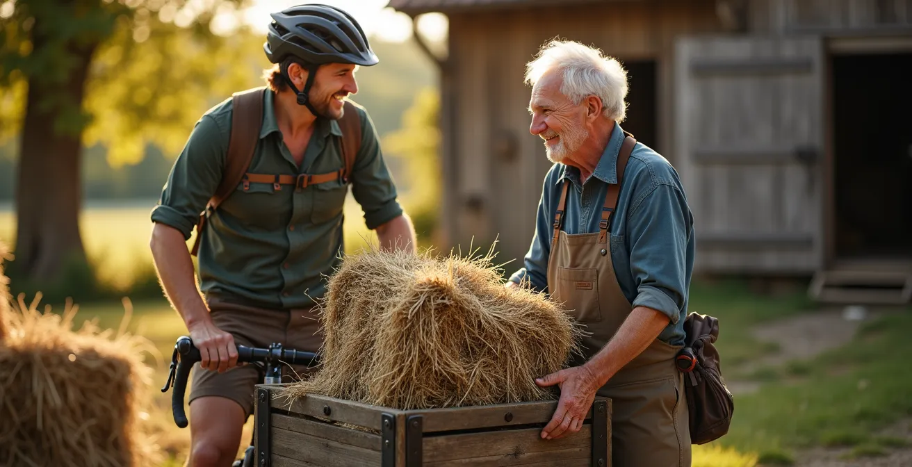 Radreisender hilft einem Landwirt bei der Heuernte und tauscht dabei Geschichten aus