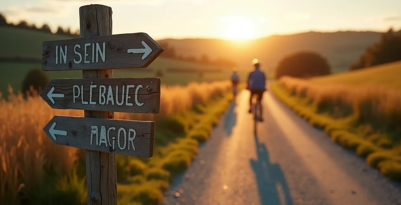 Wegweiser für Radfernwege in deutscher Landschaft mit verschwommenen Radfahrern