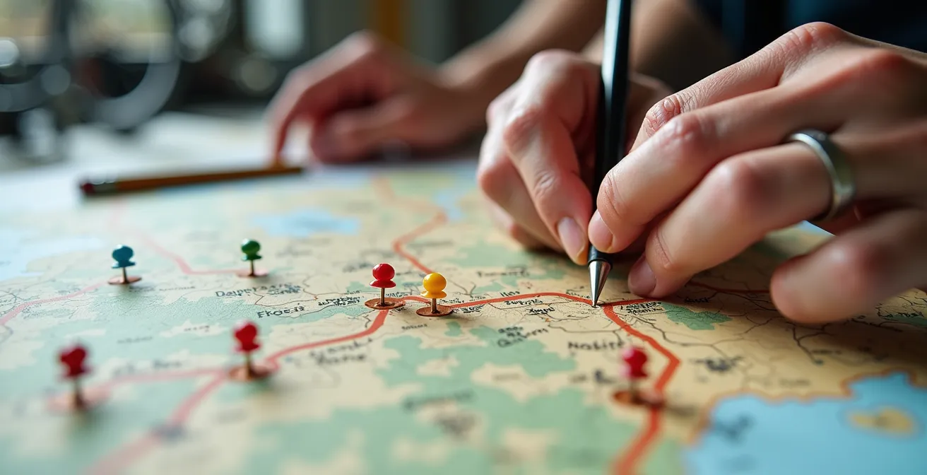 Detaillierte Routenplanung einer 7-Tage-Radreise mit markierten kulturellen Highlights