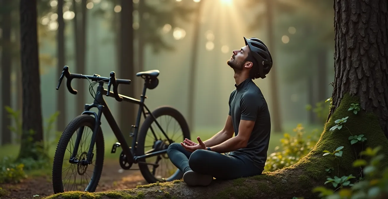 Radfahrer in meditativer Pause im Schwarzwald