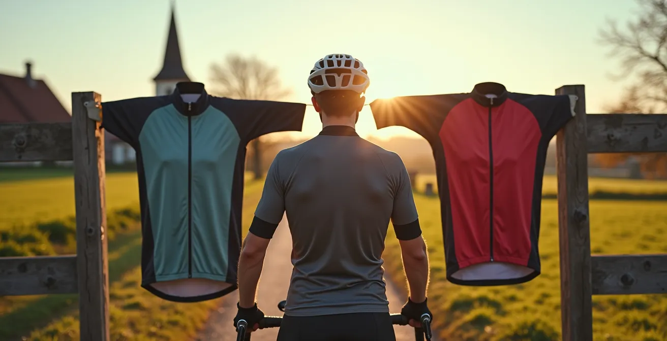 Radfahrer betrachtet verschiedene Trikot-Optionen in natürlicher Umgebung