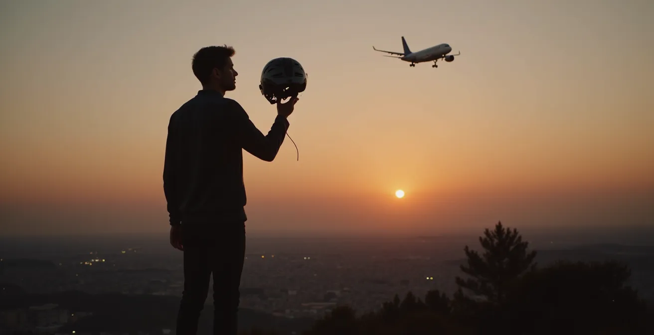 Symbolische Darstellung des Rebound-Effekts: eine Person mit Fahrradhelm blickt auf ein Flugzeug am Himmel.