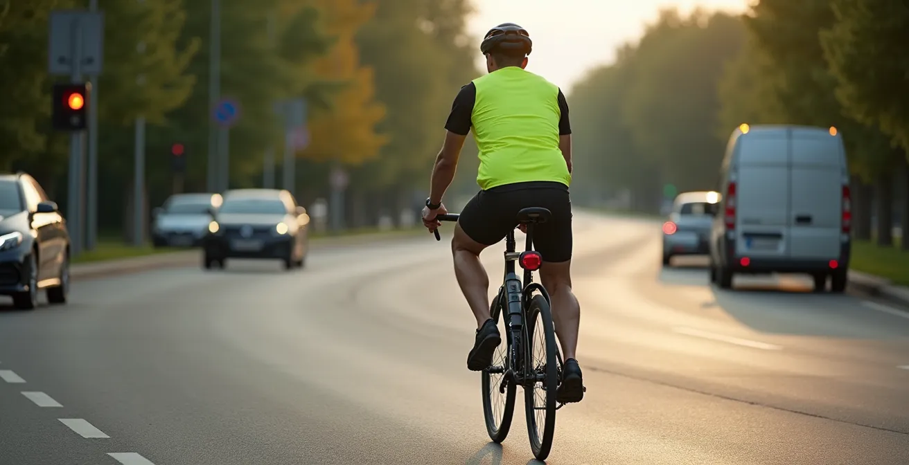 Radfahrer in der Mitte der Fahrspur im Kreisverkehr mit deutlichem Sicherheitsabstand