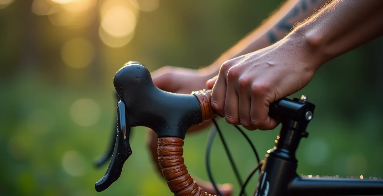 Nahaufnahme von Händen am Fahrradlenker mit Fokus auf die Sinneswahrnehmung im Wald