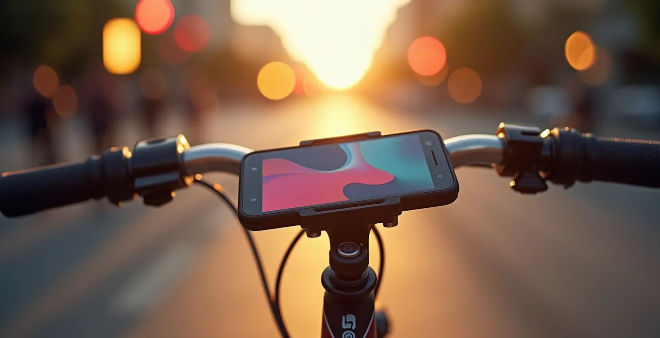 Ein am Fahrradlenker montiertes Smartphone, das eine abstrakte Navigationsroute auf einer Karte anzeigt.