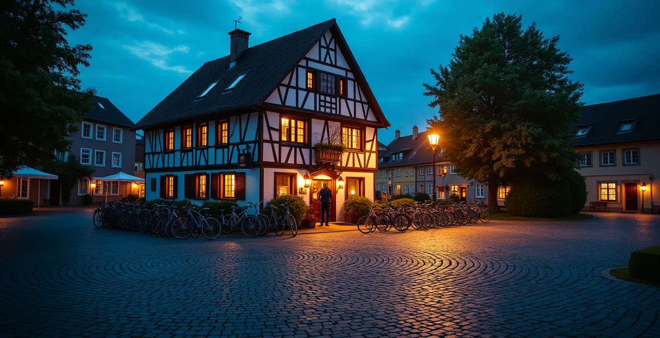 Radfahrer kehren nach Tagestouren zum gleichen Dorfgasthof zurück und werden von Wirtin begrüßt