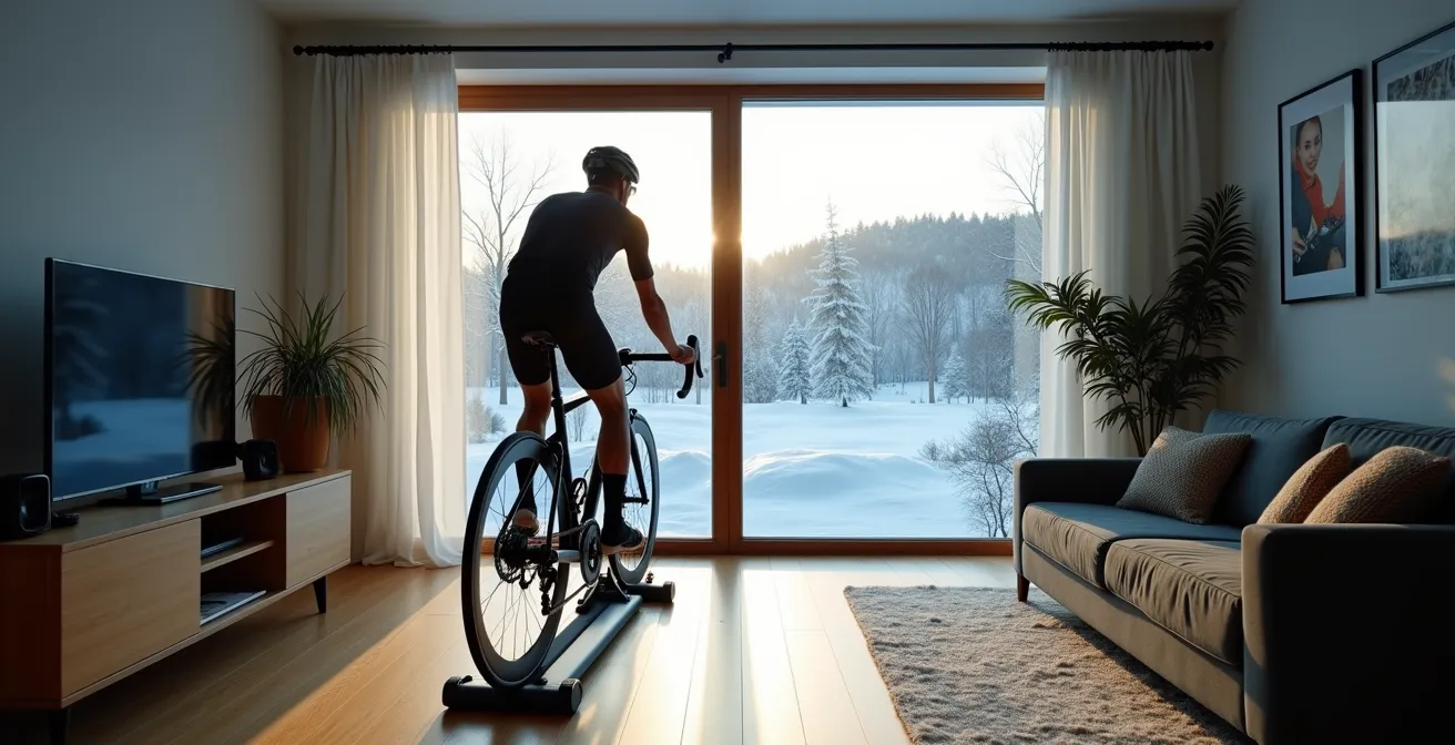 Radfahrer beim strukturierten Indoor-Training auf Smart-Trainer im Winter