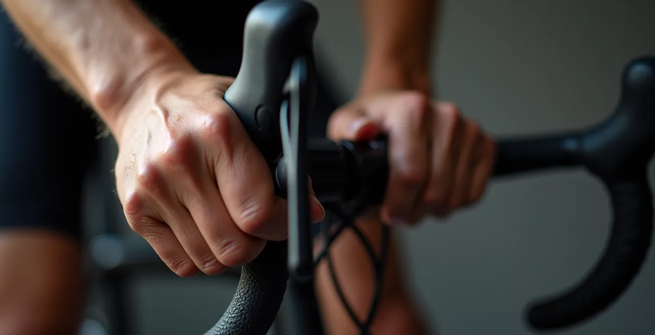 Detailaufnahme der drei Kontaktpunkte beim Radfahren mit Markierungen für Schmerzdiagnose