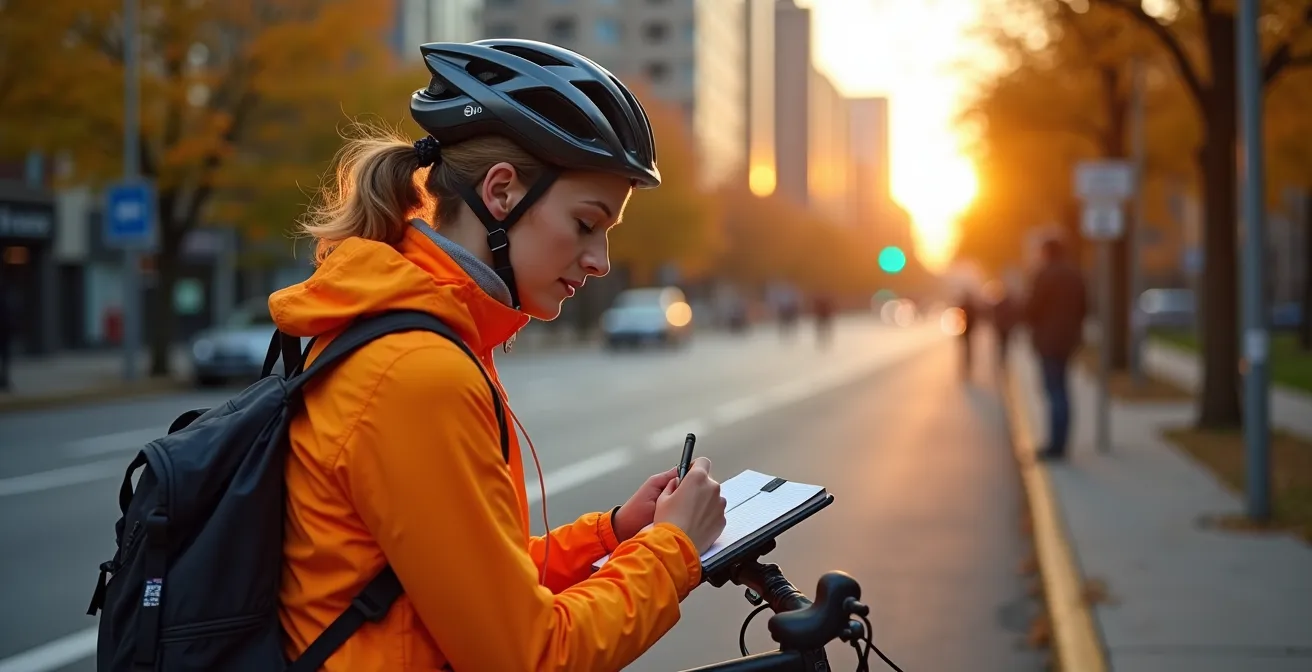 Radfahrerin macht sich Notizen zu verschiedenen Routenoptionen in einer städtischen Umgebung, um ihre Pendelstrecke zu optimieren.