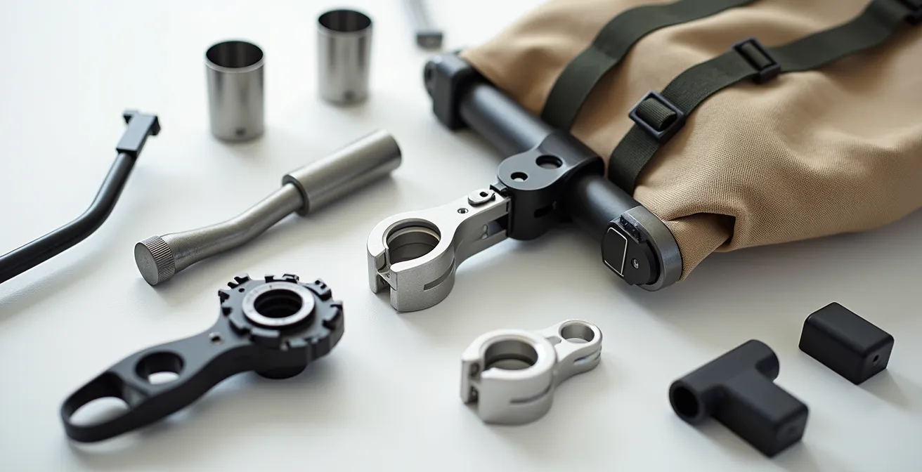 Detailaufnahme modularer Tourenrad-Komponenten in professioneller Anordnung