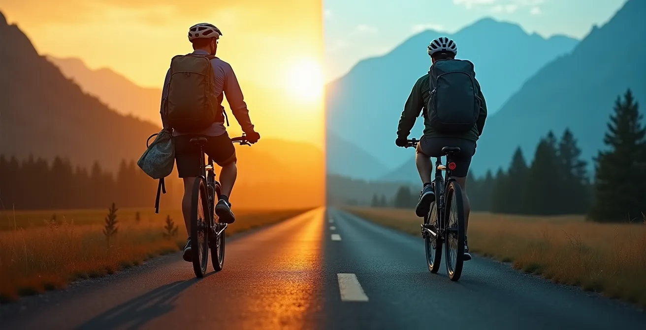 Symbolischer Vergleich zwischen klassischem Tourenrad und modernem Gravelbike