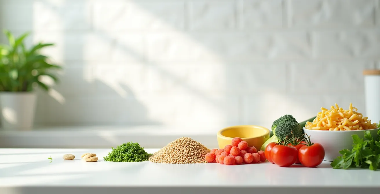 Visuelle Darstellung des Train-Low-Compete-High-Prinzips mit verschiedenen Lebensmitteln, die drei Intensitätsstufen repräsentieren.