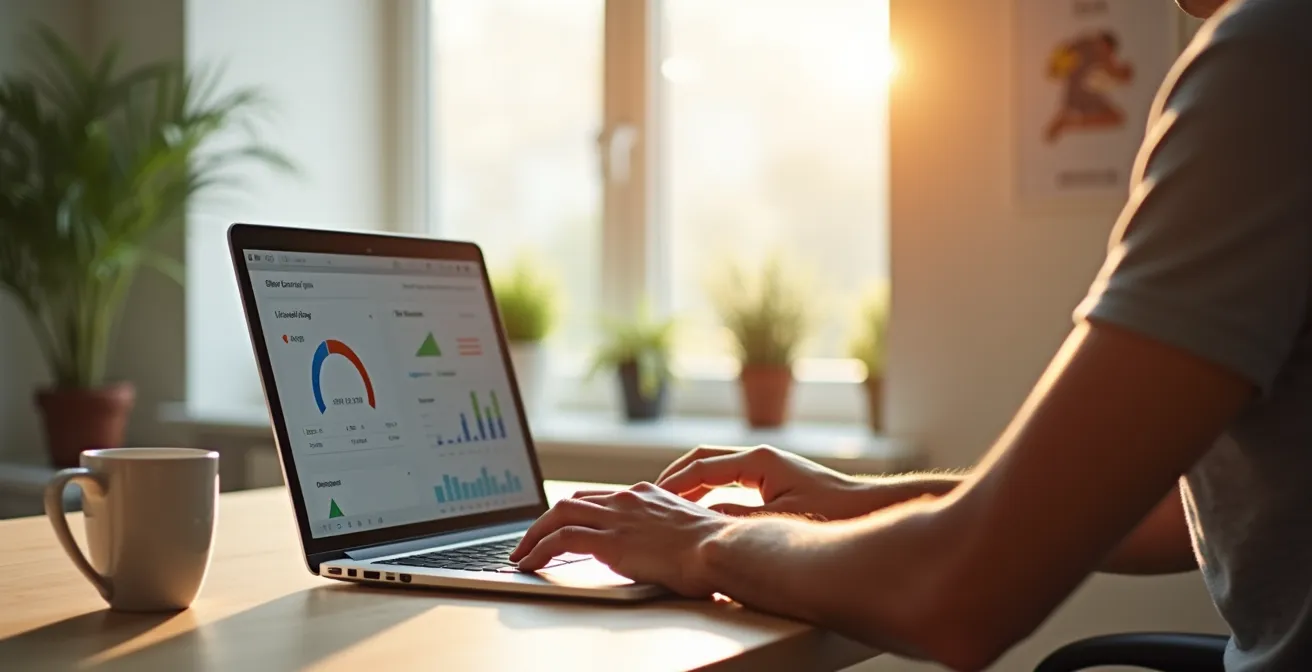 Sportler wertet Trainingsdaten am Laptop mit Kaffeetasse am Sonntagmorgen aus