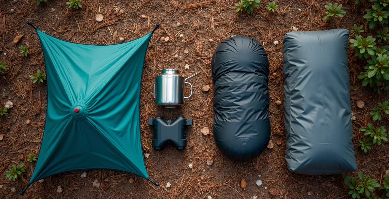 Makroaufnahme von zwei Bikepacking-Setups nebeneinander: links minimalistische Ultraleicht-Ausrüstung, rechts eine robustere Komfort-Ausrüstung.