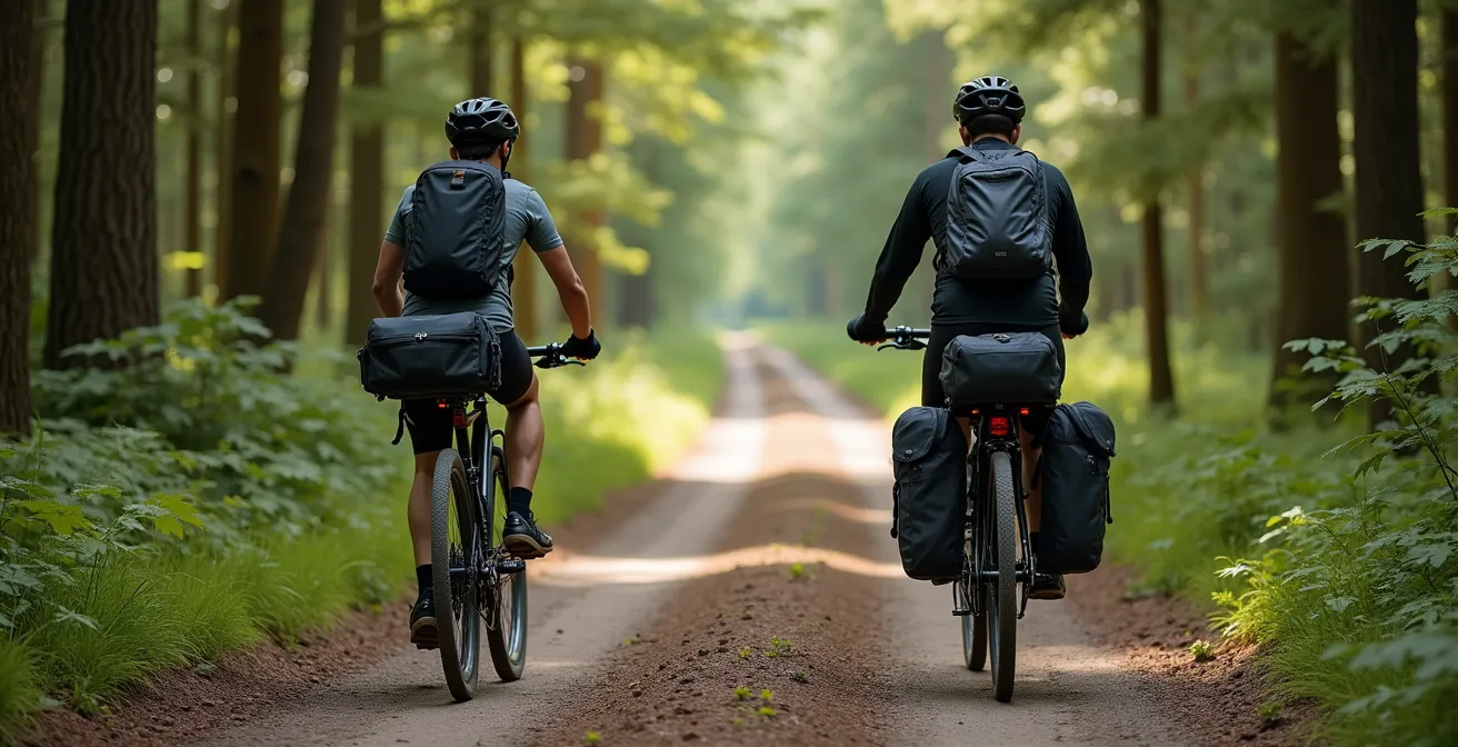 Splitscreen-Vergleich zweier Radfahrer: links einer mit klassischen Packtaschen, der an einem schmalen Waldweg ansteht, rechts einer mit Bikepacking-Taschen, der flüssig hindurchfährt.